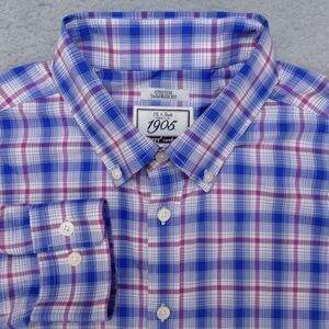 Jos A Bank Button Down Shirt Mens Large Tailored Fit Blue Plaid Stretch Nylon